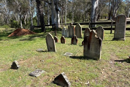 18th September, 2025   The engraving has mostly disappeared from these gravestones. But, two of the legible gravestones indicate that these people died circa 1857.  There are three little gravestones which I presume were built for children. Maybe they were born in the colony and were among the first to be buried in the colony. Interesting thought.
