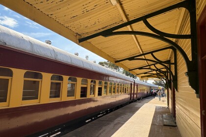 The Kandos Explorer in Kandos 27/09/25   Looking towards the front of the train from the lovely old wooden station.  We suspected the train was here because of the number of tourists exploring the town. The town is usually mostly empty but it was less empty today.