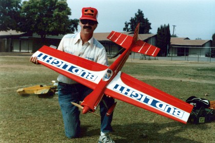 Gid Adkisson, the winner. This is the first in his series of Lasers, weight in the 80 ounce range.  Bob Whitely is so impressed he builds his own Lasers. Gid's Laser is modelled on the Loudenslager Laser 200 mid-wing aerobatic monoplane. The original Laser 200 is on display at the National Air and Space Museum in Washington DC. It was built and flown by aerobatic champion and airshow pilot Leo Loudenslager.