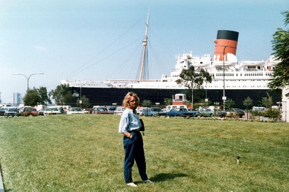 The Queen Mary is moored near the hangar.  The RMS Queen Mary is a retired British ocean liner that sailed primarily on the North Atlantic Ocean from 1936 to 1967 for the Cunard-White Star Line