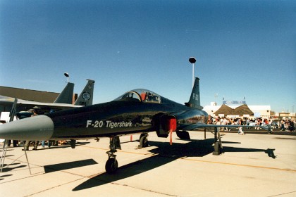 The primary design change between the earlier F-5E and the F-20 was the F-20's use of a single General Electric F404 engine that was originally designed for the F/A-18 Hornet.  The F-20 Tigershark program was abandoned in 1986 after three prototypes had been built (two of which crashed after their pilots blacked out due to excessive g-forces). A fourth was partially completed.