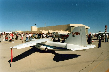 This is the swing wing  NASA AD-1 that was both an aircraft and an associated flight test program conducted between 1979 and 1982 at the NASA Dryden Flight Research Center, Edwards AFB California. It successfully demonstrated an aircraft wing that could be pivoted obliquely from zero to 60 degrees during flight.