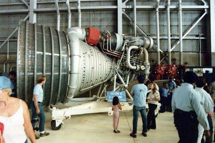 The Saturn V, F-1  is a rocket engine developed by Rocketdyne. It was developed in the United States in the late 1950s and was used in the Saturn V rocket in the 1960s and early 1970s. Five F-1 engines were used in the S-IC first stage of each Saturn V, which served as the main launch vehicle of the Apollo program. The F-1 remains the most powerful single combustion chamber liquid-propellant rocket engine ever developed.