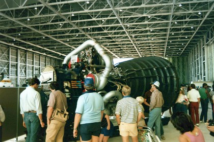 This is the engine from the Space Shuttle, the Aerojet Rocketdyne RS-25. It is a liquid-fuel cryogenic rocket engine and it is the Space Shuttle's Main Engine. NASA is planning to continue using the RS-25 on the Space Shuttle's successor, the Space Launch System (SLS).