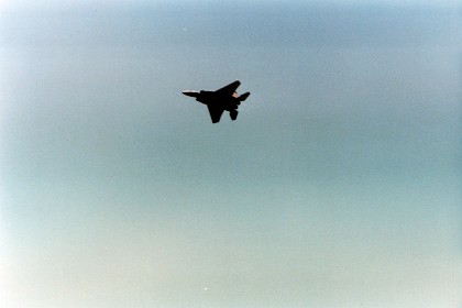 This F15 did an aerobatic pattern in front of the stands on the sheer power of its engines.