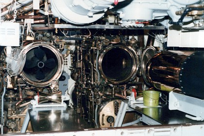 The torpedo tubes.  A torpedo, hopefully a dummy, is shown in the left-hand tube.