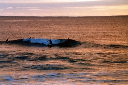 A small band of surfers ride the waves at the beach.  This is also intended to be a great shot but it's let down by 1980s technology (yet again).