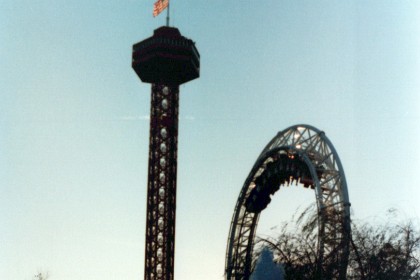 Going through the loop on the Revolution.  I ride it four times, Jenni three.  The acceleration up to 100 MPH is intoxicating.