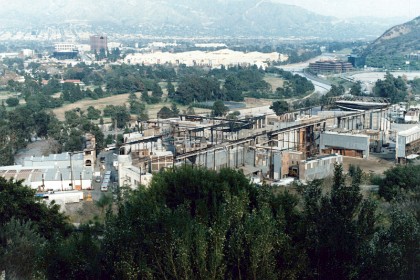 Universal Studios back lot. It's all fake, but then again, they probably don't want to blow up real buildings.