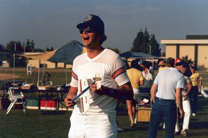 6'8" Dino Mancinelli poses with a 3½ ounce stunter.