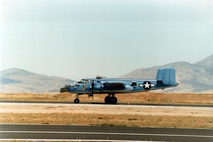 The North American B-25 Mitchell is an American medium bomber that was introduced in 1941 and named in honor of Major General William "Billy" Mitchell, a pioneer of U.S. military aviation. Weight: 9,210 kg Engine type: Radial engine Manufacturer: North American Aviation Retired: 1979 (Indonesia) First flight: 19 August 1940 Number built: 9,816 Role: Medium bomber