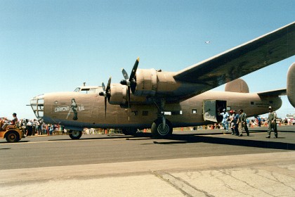 The Consolidated B-24 Liberator is an American heavy bomber, designed by Consolidated Aircraft of San Diego, California. At its inception, the B-24 was a modern design featuring a highly efficient shoulder-mounted, high aspect ratio Davis wing. The wing gave the Liberator a high cruise speed, long range and the ability to carry a heavy bomb load. Early RAF Liberators were the first aircraft to cross the Atlantic Ocean as a matter of routine. Top speed: 488 km/h Last flight: 1945 Engine type: Pratt & Whitney R-1830 Twin Wasp Manufacturer: Consolidated Aircraft First flight: 29 December 1939 Variants: Consolidated PB4Y-2 Privateer; Consolidated C-87 Liberator Express; Consolidated Liberator I Developed into: Consolidated R2Y; Consolidated B-32 Dominator