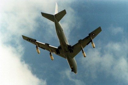 A The Boeing KC-135 Stratotanker flies overhead and lands at Wright Patterson AFB in Dayton.