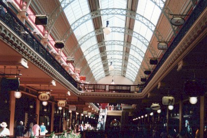 Plenty of natural light shines through glass roof to illuminate the shops below.