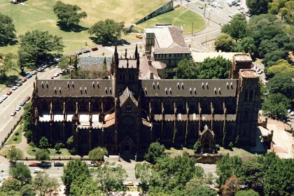 This is Queen Mary's Cathedral in a prime location on the corner of Hyde Park Sydney.