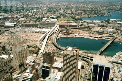 The Darling Harbour entertainment precinct is under construction during late 1985.