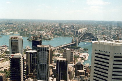 This is the view looking across the bridge to North Sydney.  The red blob is very near the NCR building in North Sydney.