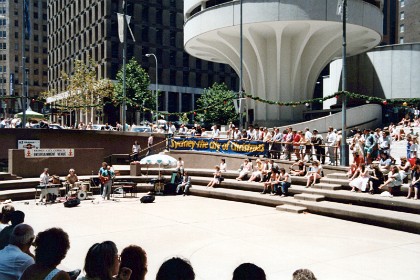 An open air theatre in Martin Plaza with a jazz band entertaining the lunchtime crowds.  This used to be called Martin Place, and it was one of Sydney's worst traffic bottlenecks, but it has now been transformed into a pedestrian Plaza and it's a vastly more pleasant place to enjoy a lunchtime sandwich.