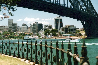 Looking under the Sydney Harbour Bridge at Luna Park and North Sydney. NCR is to the right of the Zurich Building.