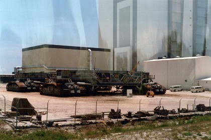 A huge tractor transports space shuttles to the launchpad. It's tracks are rusty right now because the Challenger disaster set back the space shuttle program quite a bit. The Space Shuttle Challenger disaster occurred on January 28, 1986, when the Space Shuttle Challenger broke apart 73 seconds into its flight, killing all seven crew members aboard. &nbsp; It was the first fatal accident involving an American spacecraft in flight.