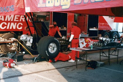 Dick Lahaye's mechanics rebuild his engine.