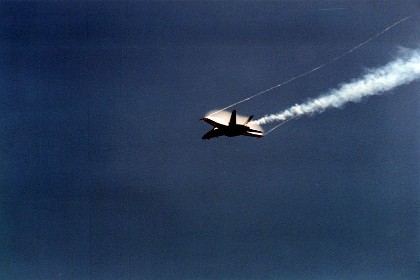 Water vapour forms on top of the wing as an F-18 makes a tight turn.  It may also be called ectoplasm by nutters. Ectoplasm is a term used in spiritualism to denote a substance or spiritual energy "exteriorized" by physical mediums. There is no scientific evidence that ectoplasm exists and many purported examples were exposed as hoaxes fashioned from cheesecloth, gauze or caused by other natural phenomena. Picture by Jenni.