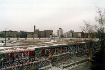 The Berlin Wall. One side prosperous and free, the other side the home of the  Trabanz (a horrible little 2 stroke car) and midnight visits from the State Security Service (Staatssicherheitsdienst) or Stasi