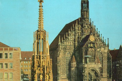 During late 1986, Dean enrols in an exchange student program in Nuremberg. He sends us this postcard featuring the famous Schönen Brunnen (beautiful fountain) with the Frauenkirche behind. Jenni and I visit this very spot in July, 2010