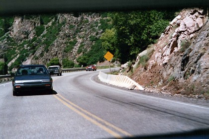 July 12, 1987   We spend the day on the road driving in convoy. That's Kaz and Miyako behind us and Bob and Jim are in the red/white car. We drive straight through to Lincoln, Nebraska