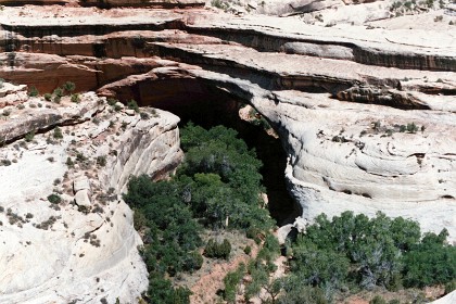 Kachina Bridge.  Natural Bridges National Monument is located about 50 miles northwest of the Four Corners boundary of southeast Utah, at the junction of White Canyon and Armstrong Canyon, part of the Colorado River drainage.