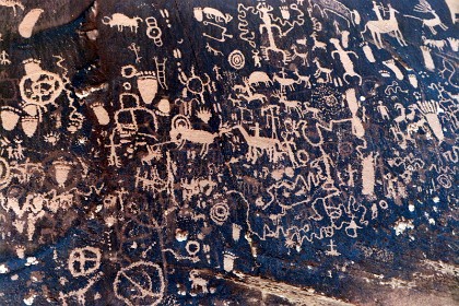 July 11, 1987 &nbsp;  These petroglyphs are called Newspaper Rock in Newspaper Rock State Historic Monument, Utah.  Newspaper Rock is located in San Juan County, Utah, along Utah State Route 211,  53 miles south of Moab.