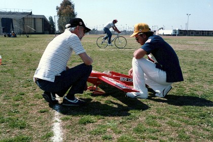 October 1987   &nbsp; After the US Nationals, we go to another contest in Clovis. Bob does very well at the Nationals flying his Laser into seventh place. Here he ponders with good friend Jim Armour.