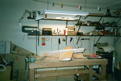 Late 1987   &nbsp; My new plane Kareela III nears completion. I cut the foam cores myself using the car's battery as a heat source.