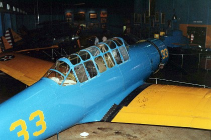 Vultee BT-13B Valiant. The Valiant was the basic trainer most widely used by the U.S. Army Air Forces during World War II. It represented the second of the three stages of pilot training -- primary, basic and advanced. Compared with the primary trainers in use at the time, it was considerably more complex. The BT-13 not only had a more powerful engine, it was also faster and heavier. In addition, it required the student pilot to use two-way radio communications with the ground and to operate landing flaps and a two-position variable pitch propeller. TECHNICAL NOTES: Engine: Pratt & Whitney R-985 of 450 hp Maximum speed: 155 mph Cruising speed: 130 mph Range: 880 miles Ceiling: 19,400 ft. Span: 42 ft. 2 in. Length: 28 ft. 8 1/2 in. Height: 12 ft. 4 3/4 in. Weight: 4,227 lbs. loaded Serial number: 42-90629