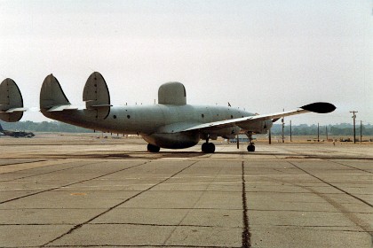 Lockheed EC-121D Constellation. The EC-121, originally designated RC-121, was a radar-picket version of the U.S. Air Force's C-121 passenger airplane. The EC-121 provided early warning by detecting and tracking enemy aircraft with the electronic gear in the large radomes above and below its fuselage. TECHNICAL NOTES: Engines: Four Wright R-3350s of 3,400 hp each  Crew: Varied, but usually 17 Maximum speed: 290 mph Cruising speed: 240 mph Range: 4,000 miles Ceiling: 18,000 ft. Span: 126 ft. 2 in. Length: 116 ft. 2 in. Height: 27 ft. Weight: 145,000 lbs.