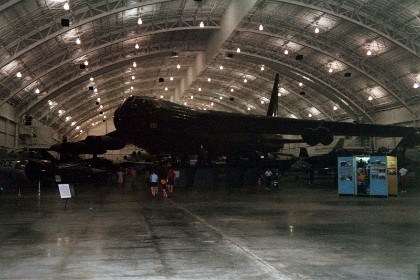 Boeing B-52D Stratofortress. After it became operational in 1955, the B-52 remained the main long-range heavy bomber of the US Air Force during the Cold War, and it continues to be an important part of the USAF bomber force today. Nearly 750 were built before production ended in the fall of 1962; 170 of these were B-52Ds. TECHNICAL NOTES: Armament: Four .50-cal. machine guns in tail plus up to 60,000+ lbs. of conventional or nuclear bombs Engines: Eight Pratt & Whitney J57s of 12,100 lbs. thrust each Maximum speed: 638 mph Range: 8,338 miles unrefueled Ceiling: 49,400 ft. Span: 185 ft. Length: 156 ft. 6 in. Height: 48 ft. 4 in. Weight: 450,000 lbs. maximum