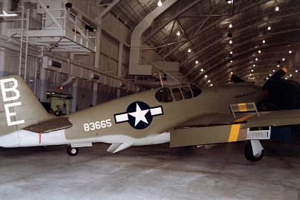 North American A-36A Mustang. The A-36A dive bomber was the first US Army Air Forces version of the Mustang, officially developed for Britain in 1940. The first A-36 flew in September 1942, and North American Aviation completed production of 500 A-36As in March 1943. TECHNICAL NOTES: Armament: Six .50-cal. machine guns; 1,000 lbs of bombs externally Engine: Allison V-1710 of 1,325 hp Maximum speed: 365 mph Cruising speed: 250 mph Range: 550 miles Ceiling: 25,100 ft. Span: 37 ft. Length: 32 ft. 3 in. Height: 12 ft. 2 in. Weight: 10,000 lbs. loaded Serial number: 42-83665