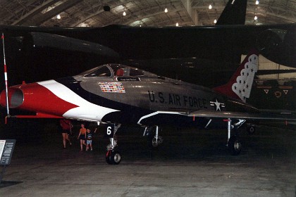 North American F-100F Super Sabre. After the single seat, supersonic F-100 fighter entered service in 1954, it developed a high accident rate, in part due to pilot inexperience with the Super Sabre. In response North American built a two seat training version -- the F-100F -- to train new Super Sabre pilots. TECHNICAL NOTES: Armament: Two M-39 20mm cannons with 175 rounds and a maximum of 5,000 lbs. of external stores Maximum speed: 875 mph Range: 1,661 miles