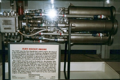 Reaction Motors XLR99 Rocket. The XLR99 powered the record-breaking X-15 on its fastest flights at nearly seven times the speed of sound. It was the first large, throttleable, restartable liquid propellant rocket engine to be used in a piloted vehicle. The engine was used only in the X-15 program, which rocketed humans to the edge of space. The X-15A-2 in this gallery has an XLR99 engine. TECHNICAL NOTES: Thrust: 50,000 lbs. at sea level; 57,000 lbs at 45,000 ft; 57,850 lbs. at 100,000 feet Propellants: Liquid anhydrous ammonia fuel and liquid oxygen oxidizer Weight: 915 lbs. including turbopump