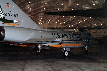 Northrop F-89J Scorpion. Northrop designed the F-89 as an all-weather fighter-interceptor for the Air Defense Command. With the radar operator in the rear seat guiding the pilot, the F-89 could locate, intercept and destroy enemy aircraft by day or night under all types of weather conditions. The first F-89 made its initial flight in August 1948 and deliveries to the Air Force began in July 1950. Northrop produced a total of 1,050 F-89s for the Air Force. TECHNICAL NOTES: Armament: Two AIR-2A Genie air-to-air rockets with nuclear warheads plus four AIM-4C Falcon missiles Engines: Two Allison J35s of 7,200 lbs. thrust each (with afterburner) Maximum speed: 627 mph Cruising speed: 465 mph Range: 1,600 miles Ceiling: 45,000 ft. Span: 59 ft. 10 in. Length: 53 ft. 8 in. Height: 17 ft. 6 in. Weight: 47,700 lbs. maximum