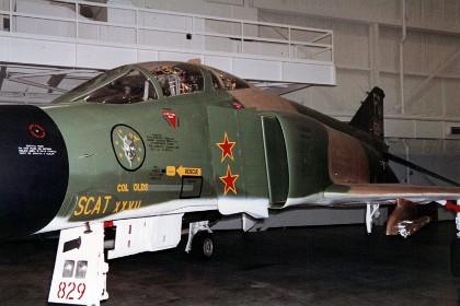 McDonnell Douglas F-4C Phantom II. First flown in May 1958, the Phantom II originally was developed for U.S. Navy fleet defense. The U.S. Air Force's first version, the F-4C, made its first flight in May 1963, and production deliveries began six months later. Phantom II production ended in 1979 after over 5,000 had been built -- more than 2,600 for the USAF, about 1,200 for the U.S. Navy and Marine Corps, and the rest for friendly foreign nations.  TECHNICAL NOTES: Armament: Up to 16,000 lbs. of externally carried ordnance Engines: Two General Electric J-79-GE-15s of 17,000 lbs. thrust each Maximum speed: 1,400 mph Cruising speed: 590 mph Range: 1,750 miles Ceiling: 59,600 ft. Span: 38 ft. 5 in. (27 ft. 6 in. folded) Length: 58 ft. 2 in. Height: 16 ft. 6 in. Weight: 58,000 lbs. loaded