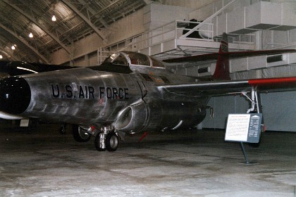 Northrop F-89J Scorpion. Northrop designed the F-89 as an all-weather fighter-interceptor for the Air Defense Command. With the radar operator in the rear seat guiding the pilot, the F-89 could locate, intercept and destroy enemy aircraft by day or night under all types of weather conditions. The first F-89 made its initial flight in August 1948 and deliveries to the Air Force began in July 1950. Northrop produced a total of 1,050 F-89s for the Air Force. TECHNICAL NOTES: Armament: Two AIR-2A Genie air-to-air rockets with nuclear warheads plus four AIM-4C Falcon missiles Engines: Two Allison J35s of 7,200 lbs. thrust each (with afterburner) Maximum speed: 627 mph Cruising speed: 465 mph Range: 1,600 miles Ceiling: 45,000 ft. Span: 59 ft. 10 in. Length: 53 ft. 8 in. Height: 17 ft. 6 in. Weight: 47,700 lbs. maximum