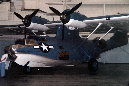 Consolidated OA-10 Catalina. The OA-10 was the U.S. Army Air Forces' version of the PBY series flown extensively by the U.S. Navy during World War II. It was a twin-engine, parasol-mounted monoplane equipped with a flying boat hull, retractable tricycle landing gear and retractable wing-tip floats. The OA-10 operated primarily for air-sea rescue work ("DUMBO" missions) with the USAAF's Emergency Rescue Squadrons throughout WWII and for several years thereafter. During the war, OA-10 crews rescued hundreds of downed fliers. TECHNICAL NOTES: Armament: Two .50-cal. machine guns in the waist, two .30-cal. machine guns (one in the bow and another in a rear tunnel), and 8,000 lbs. of bombs Engines: Two Pratt & Whitney R-1830-92s of 1,200 hp each Maximum speed: 184 mph Cruising speed: 120 mph Range: 2,325 miles Ceiling: 22,400 ft. Span: 104 ft. Length: 63 ft. 10 in. Height: 20 ft. 1 in. Weight: 36,400 lbs. loaded