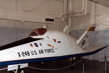 Martin X-24B. The X-24B aircraft showed that a “lifting body” could glide through the atmosphere and make a precise landing on a runway like an airplane. A lifting body is a fixed-wing air or spacecraft in which the body itself produces lift. X-24 studies supported space shuttle development in the early 1970s. The U.S. Air Force, NASA and Martin Aircraft (now Lockheed Martin) heavily modified the X-24A to make a higher-performing vehicle, the X-24B. TECHNICAL NOTES: Crew: One Engines: One Reaction Motors XLR-11 rocket of 9,800 lbs. thrust; two Bell LLRV optional landing rockets of 500 lbs. thrust each Maximum speed: 1,164 mph (Mach 1.76) Ceiling: 74,100 feet