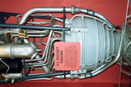 V-2 Rocket.  This rocket engine powered Germany's V-2 "Vengeance Weapon" during World War II. The engine was a technical achievement, using high-speed pumps to move large volumes of fuel into the thrust chamber very quickly. Its design also contributed to American rocketry following WWII.