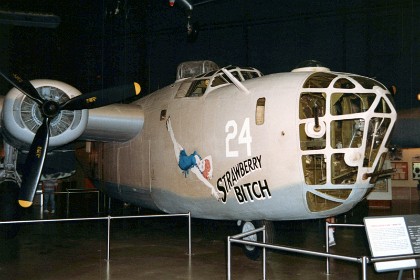 Consolidated B-24D Liberator. The B-24 was employed in operations in every combat theater during World War II. Because of its great range, it was particularly suited for such missions as the famous raid from North Africa against the oil industry at Ploesti, Rumania, on Aug. 1, 1943. This feature also made the airplane suitable for long over-water missions in the Pacific Theater. More than 18,000 Liberators were produced. TECHNICAL NOTES: Armament: 10 .50-cal. machine guns and 8,000 lbs. of bombs Engines: Four Pratt & Whitney R-1830s of 1,200 hp each Maximum speed: 303 mph Cruising speed: 175 mph Range: 2,850 miles Ceiling: 28,000 ft. Span: 110 ft. Length: 66 ft. 4 in. Height: 17 ft. 11 in. Weight: 56,000 lbs. loaded Cost: $336,000 Serial number: 42-72843