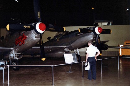 North American F-82B Twin Mustang. The F-82 was the last propeller-driven fighter acquired in quantity by the U.S. Air Force. It appears to be two P-51 Mustang fuselages on one wing, but in reality it was a totally new design. The Twin Mustang carried a pilot and co-pilot/navigator to reduce fatigue on long-range bomber escort missions. Production deliveries did not begin until early 1946, too late for World War II. After WWII, Air Defense Command flew radar-equipped F-82Gs as replacements for the P-61 night fighter. During the Korean War, Japan-based F-82Gs were among the first USAF aircraft to operate over Korea. On June 27, 1950, all-weather F-82Gs shot down the first three North Korean airplanes destroyed by U.S. forces. TECHNICAL NOTES:  Armament: Six .50-cal. machine guns, 25 5-inch rockets and 4,000 lbs. of  bombs Engines: Two Packard V-1650s of 1,380 hp each  Maximum speed: 482 mph Cruising speed: 280 mph Range: 2,200 miles  Ceiling: 39,000 ft. Span: 51 ft. 3 in. Length: 38 ft. 1 in. Height: 13 ft. 8 in. Weight: 24,800 lbs. maximum  Serial number: 44-65168