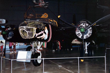 Douglas B-26C (A-26C) Invader. During the Korean War, the Douglas B-26 played an important part in the U.S. Air Force's interdiction campaign against communist ground forces. Initially, B-26 crews flew during the day, but the introduction of the MiG-15 jet fighter forced them to fly most missions at night. The Douglas B-26 (originally designated the A-26) was a World War II attack aircraft used for level bombing, ground strafing, and rocket attacks. It made its first flight in July 1942, and production delivery began in August 1943. The A-26 entered combat over Europe in November 1944. When production halted after the war, 2,502 Invaders had been built. The A-26 was redesignated the B-26 in 1948 (thus creating everlasting confusion with the WWII Martin B-26 Marauder). TECHNICAL NOTES: Armament (as displayed): Six .50-cal. machine guns (two in each under wing pod; two in the upper, remote controlled turret); 6,000 lbs. of bomb carried internally and under wings Engines: Two Pratt & Whitney R-2800s of 2,000 hp each Maximum speed: 373 mph Span: 70 ft. Length: 51 ft. 3 in. Height: 18 ft. 3 in. Weight: 35,000 lbs. loaded