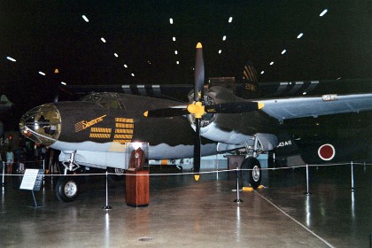 Martin B-26G Marauder. Although the Marauder did not make its first flight until Nov. 25, 1940, its design showed such promise that the Air Corps ordered 1,131 B-26s in September 1940. The B-26 began flying combat missions in the Southwest Pacific in the spring of 1942, but most were subsequently assigned to Europe and the Mediterranean. TECHNICAL NOTES: Armament: 11.50-cal. machine guns; 4,000 lbs. of bombs Engines: Two Pratt & Whitney R-2800s of 2,000 hp each Maximum speed: 285 mph Cruising speed: 190 mph Range: 1,100 miles Ceiling: 19,800 ft. Span: 71 ft. Length: 58 ft. 6 in. Height: 20 ft. 3 in. Weight: 37,000 lbs. loaded  Serial number: 43-34581