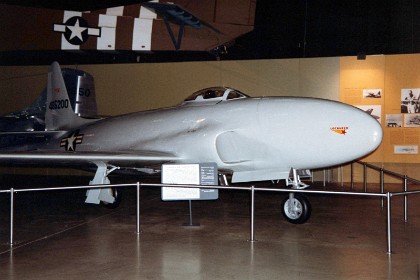 Lockheed P-80R. On June 19, 1947, at Muroc Army Air Field (now Edwards Air Force Base), Calif., Col. Albert Boyd flew this P-80R to a new world's speed record of 623.753 mph, returning the record to the United States after nearly 24 years.  The Army Air Force's quest to capture the world's speed record -- then held by a British Gloster Meteor -- after World War II led to the creation of the specialized P-80R. A high-speed variant of the standard P-80A Shooting Star, it had a smaller canopy, redesigned air intakes and a shorter wing with an extended leading edge. In addition, the engine was modified, armament removed and replaced by a fuel tank, and all drag-producing openings sealed. TECHNICAL NOTES: Engine: Modified Allison J33-A-21 of 5,079 lbs. thrust (with alcohol-water injection) Maximum speed: 623.753 mph Range: 1,045 miles Service ceiling: 45,000 feet Weight: 12,054 lbs. maximum